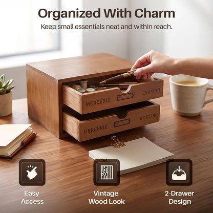 Flexzion Wooden Storage Box with 2 Drawers, Vintage Desktop Organizer