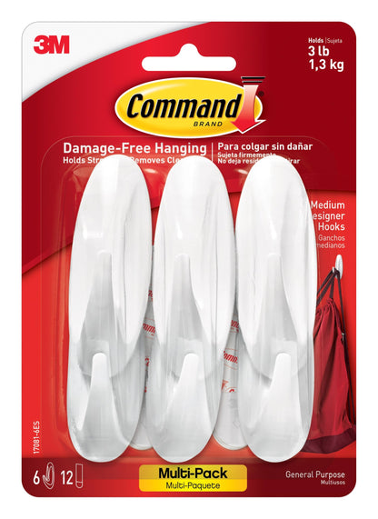 Command Medium Designer Hooks Multi-Pack, 6 Hooks, 12 Strips