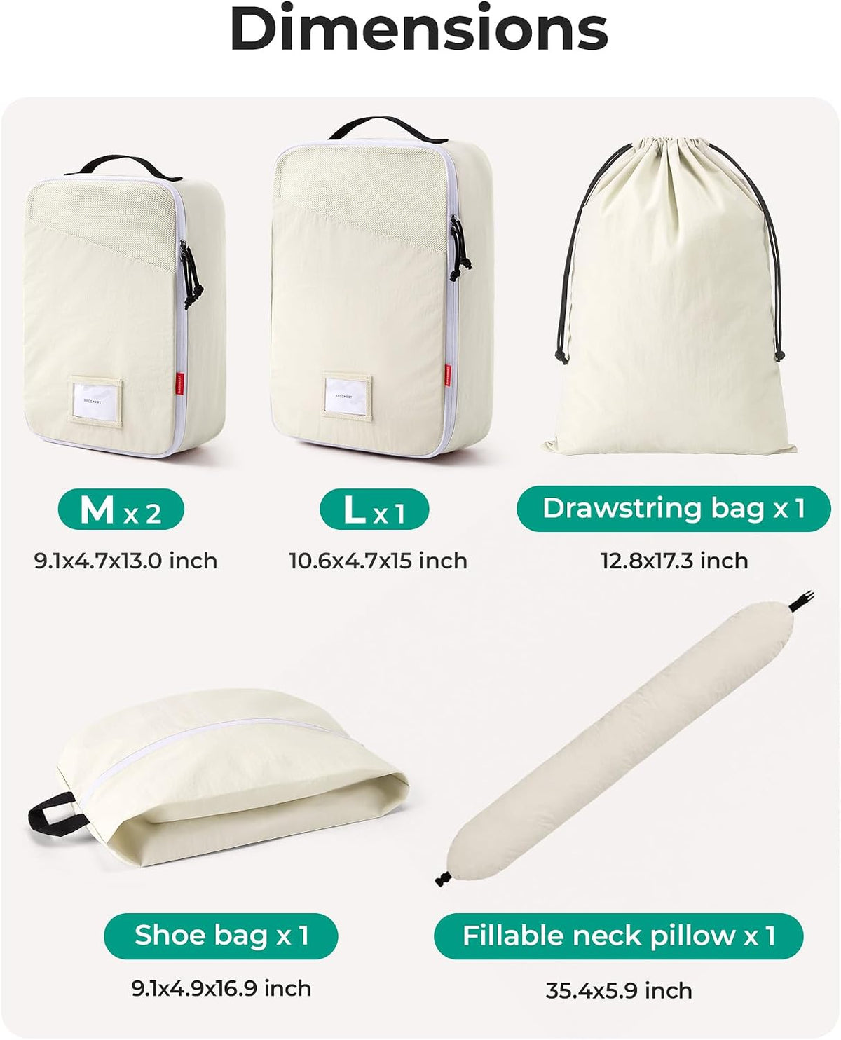 BAGSMART 6 Set Packing Cubes for Travel with Fillable Neck Pillow, Shoe Bag