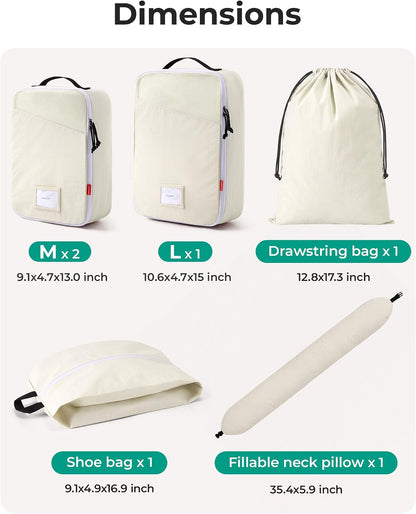 BAGSMART 6 Set Packing Cubes for Travel with Fillable Neck Pillow, Shoe Bag