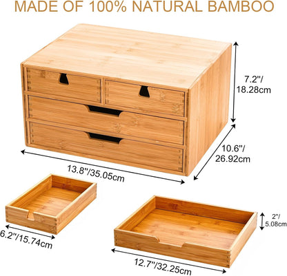 DEAYOU Bamboo Desk Organizer, 100% Natural Bamboo Desktop Drawer Organizer, Tabletop Storage Cabinet Organization Box with 4 Drawers for Makeup, Letter, Home Office Supplies, 3-Layer, Fully Assembled