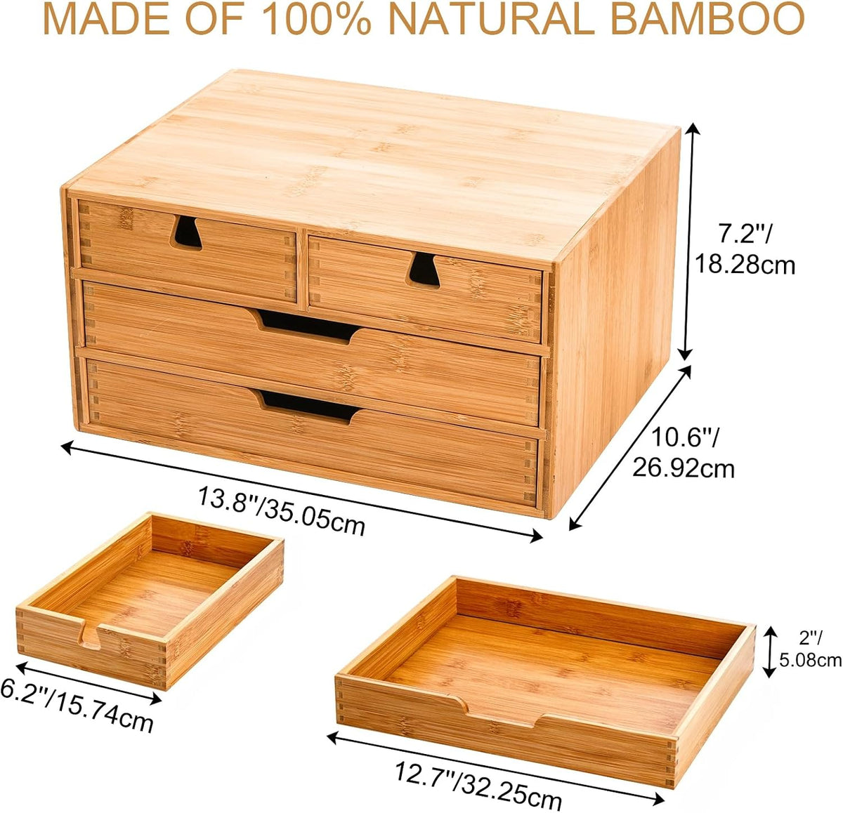 DEAYOU Bamboo Desk Organizer, 100% Natural Bamboo Desktop Drawer Organizer, Tabletop Storage Cabinet Organization Box with 4 Drawers for Makeup, Letter, Home Office Supplies, 3-Layer, Fully Assembled
