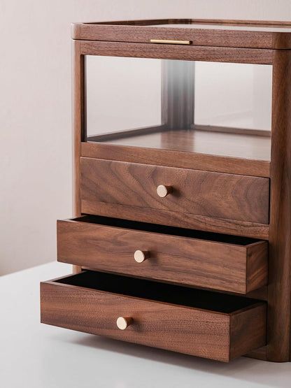 Walnut Wood & Glass Storage Cabinets Desktop Organizers Countertop with Drawers (SYJ-SCWD03)