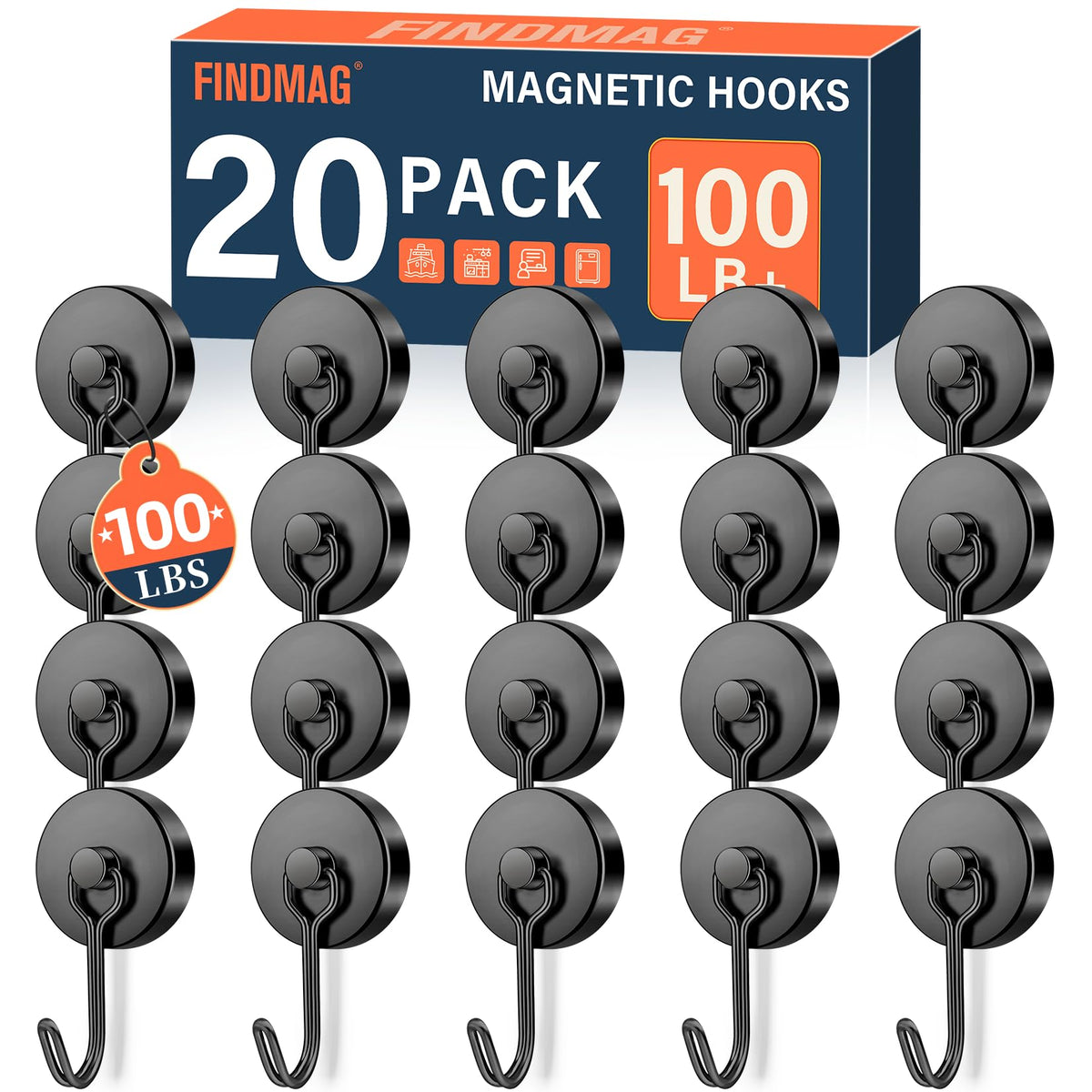 FINDMAG Magnetic Hooks for Cruise Cabins, 6 Pack, 30 LB+, Black