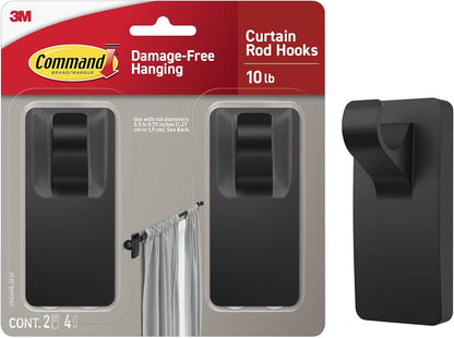 Command Medium Black Curtain Rod Hooks, 2 Hooks, 4 Strips