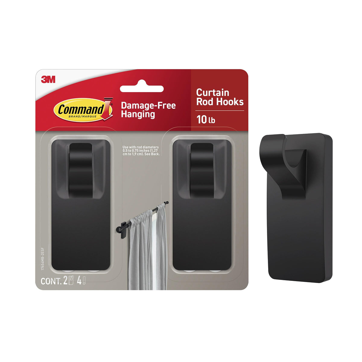 Command Medium Black Curtain Rod Hooks, 2 Hooks, 4 Strips
