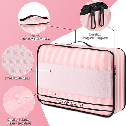 9 Set Packing Cubes Luggage Packing Organizers for Travel Accessories Space Saving Travel Bags for Carry On, Lightweight Mesh Zipper, Clothes, Shoes and Laundry Bag, Suitcases (Pink Streak)