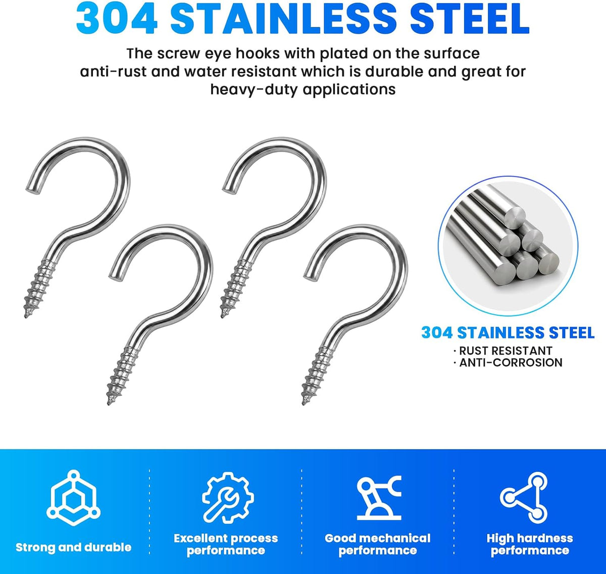 50 Pack 1 Inch Eye Bolts M2 Screw in Hooks,304 Stainless Steel Screw-in Hooks，Metal Ceiling Hooks，for Hanging Plants, Yoga, Lighting fixtures, Indoor and Outdoor use (50, M2-1inch)