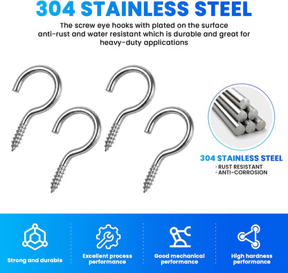 50 Pack 1 Inch Eye Bolts M2 Screw in Hooks,304 Stainless Steel Screw-in Hooks，Metal Ceiling Hooks，for Hanging Plants, Yoga, Lighting fixtures, Indoor and Outdoor use (50, M2-1inch)