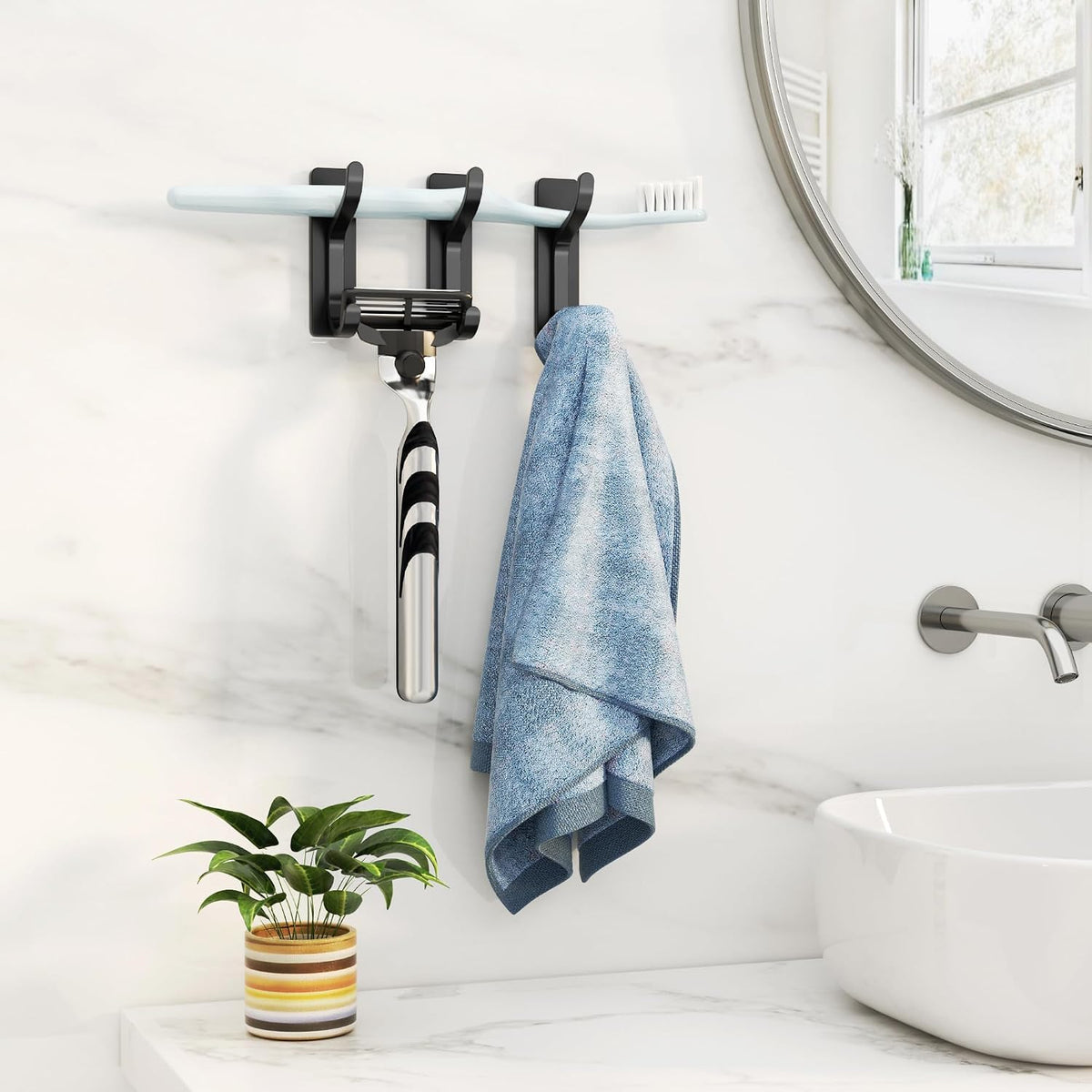 Adhesive Wall Hooks for Towel/Coat,13Lb Strong Stick-On Hooks, Black 4 Pack