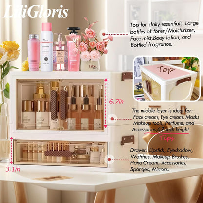 A stackable desktop organizer with drawers and compartments, ideal for storing cosmetics, beauty tools, jewelry, and school supplies in a student dorm. Features a convenient magnetic door handle.