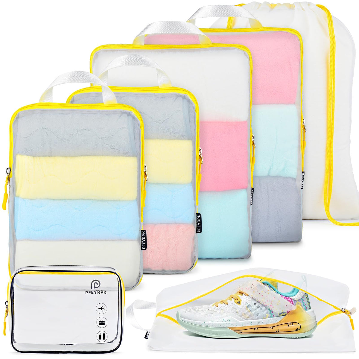 PFEYRPK Lightweight Compression Packing Cubes for Suitcases, Compressible Expandable Travel Packing Organizer with Clear Toiletries and Backpack Bag, Travel Essentials for Carry on Luggage 7 Set