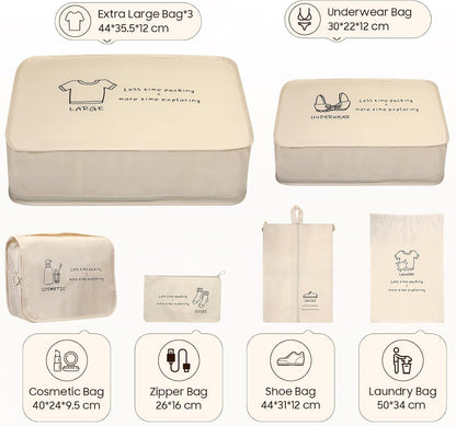 8 Set Travel Packing Organizers, Luggage Organization Bag, Beige