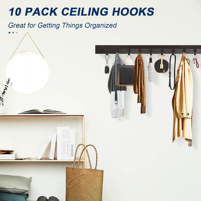 NearMoon Stainless Steel Screw Mounted Ceiling Hooks, Under-Shelf Towel/Robe Clothes Hook Heavy Duty Coat Hanger for Bathroom Kitchen Cabinet Garage, 10 Pack (Matte Black)
