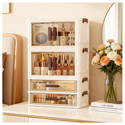 A stackable desktop organizer with drawers and compartments, ideal for storing cosmetics, beauty tools, jewelry, and school supplies in a student dorm. Features a convenient magnetic door handle.