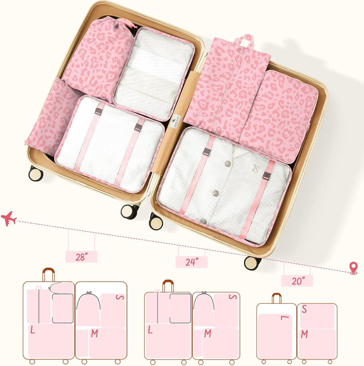 9 Set Packing Cubes for Travel Essentials - Lightweight Carry-On Luggage Organizer Bags with Shoe, Clothes & Laundry Bags for Airplane, Family & Business Travel, Pink leopard print