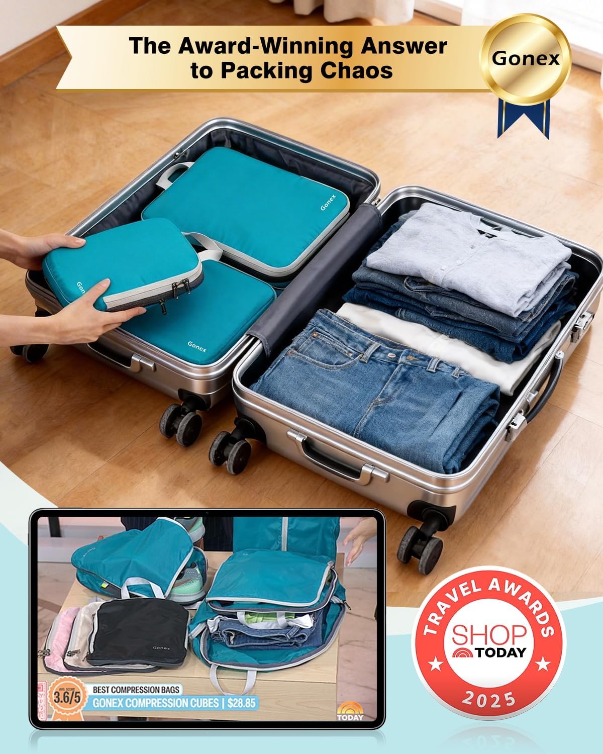 Gonex Compression Packing Cubes, 4-Piece Expandable Travel Organizers