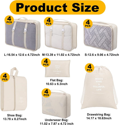28 Pcs Luggage Clothes Organizer Bags, 4 Sets Travel Luggage Packing Organizers Packing Cubes for Travel, Foldable Suitcase Organizers for Family Vacation (Beige, Black, Gray, Navy Blue)