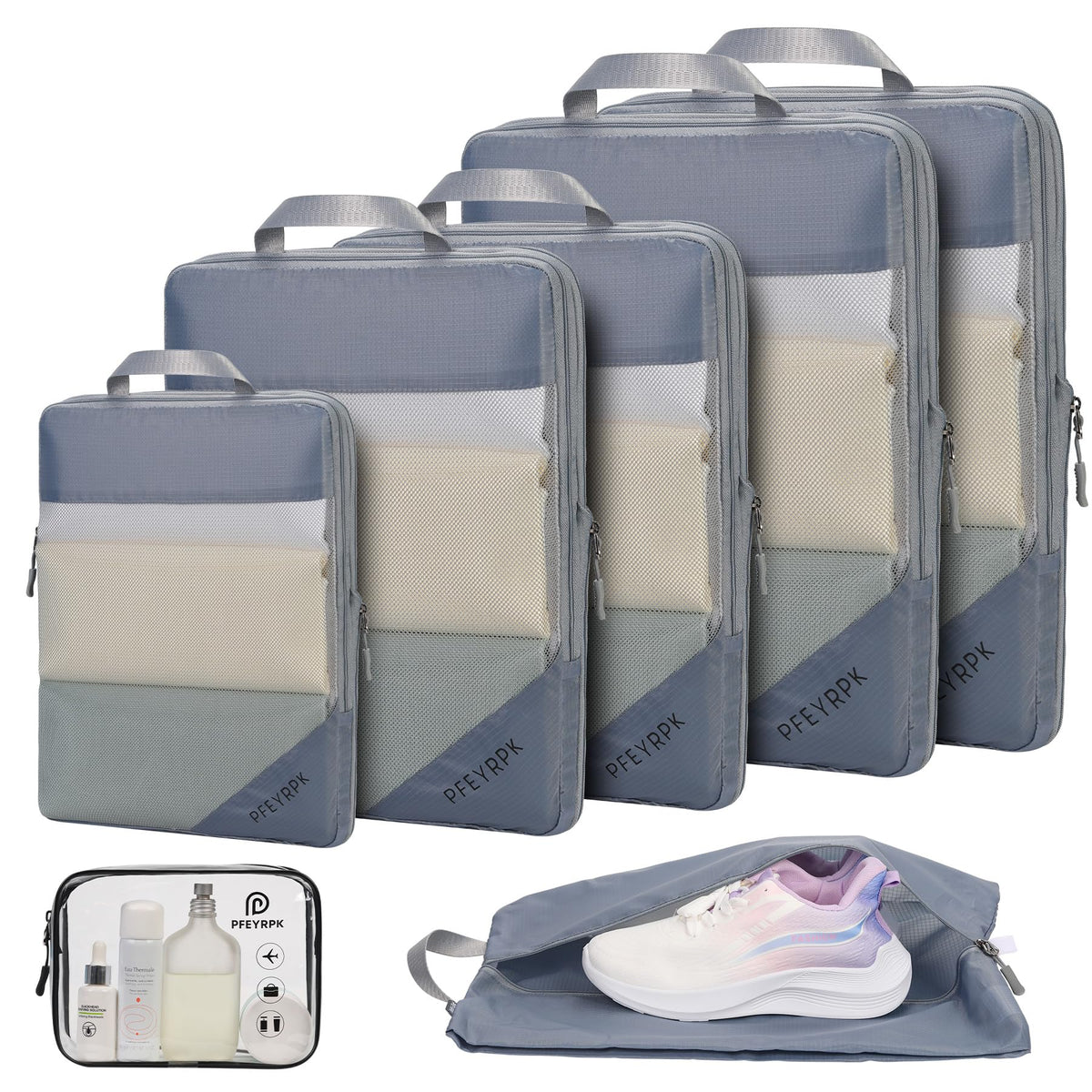 PFEYRPK Lightweight Compression Packing Cubes for Suitcases, Compressible Expandable Travel Packing Organizer with Clear Toiletries and Backpack Bag, Travel Essentials for Carry on Luggage 7 Set