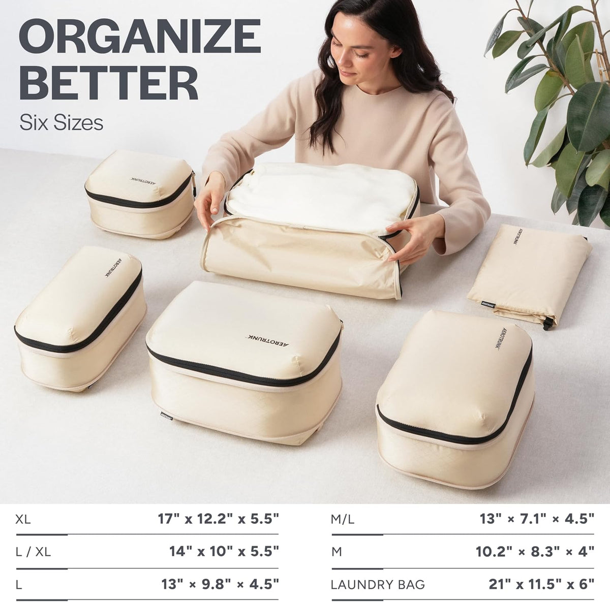 Aerotrunk Ultralight Compression Packing Cubes for Travel, 6-Pack, Beige