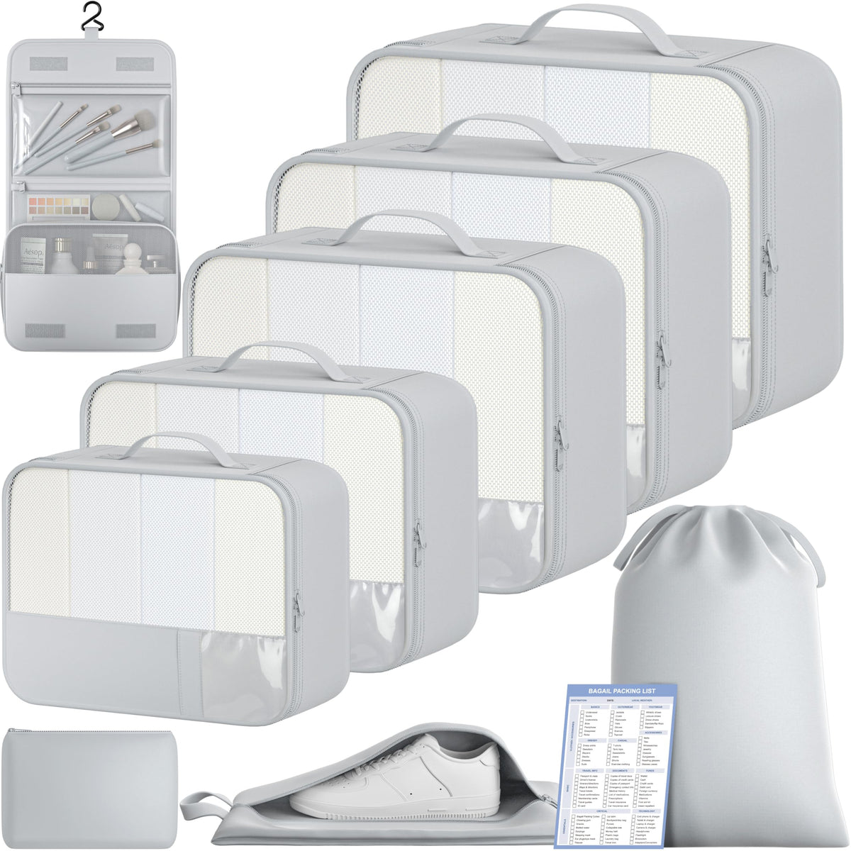 BAGAIL 9 Set Packing Cubes with Packing List Luggage Packing Organizers for Travel Accessories (Cream)