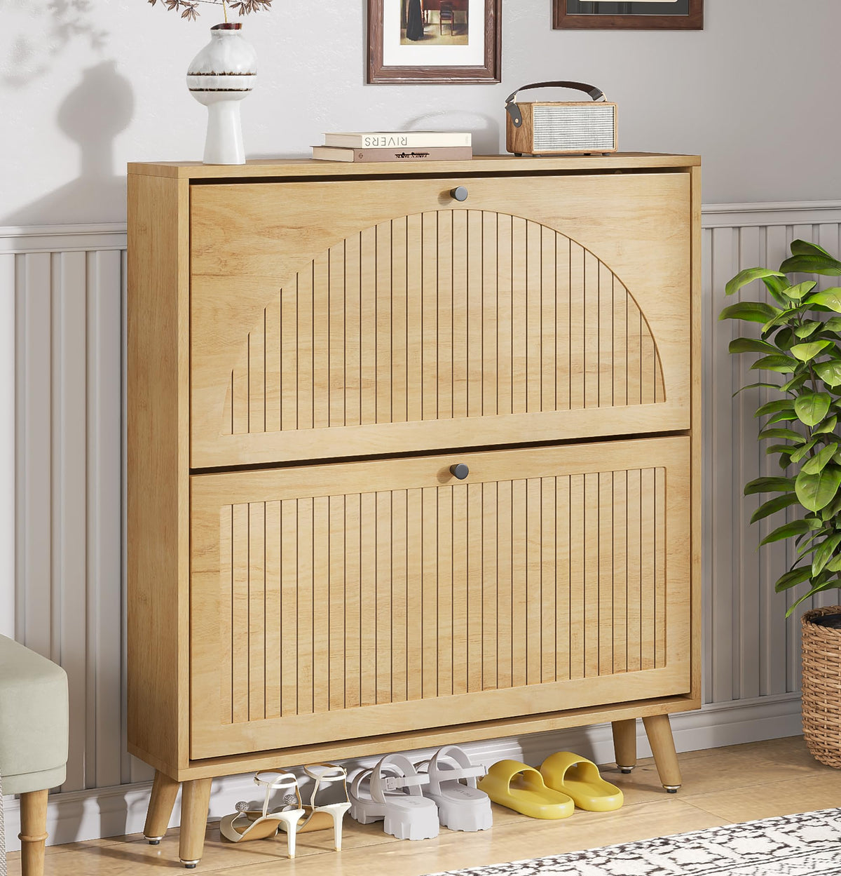 Fsbecl Shoe Storage Cabinet for Entryway with 2 Flip Drawers, Navy Blue