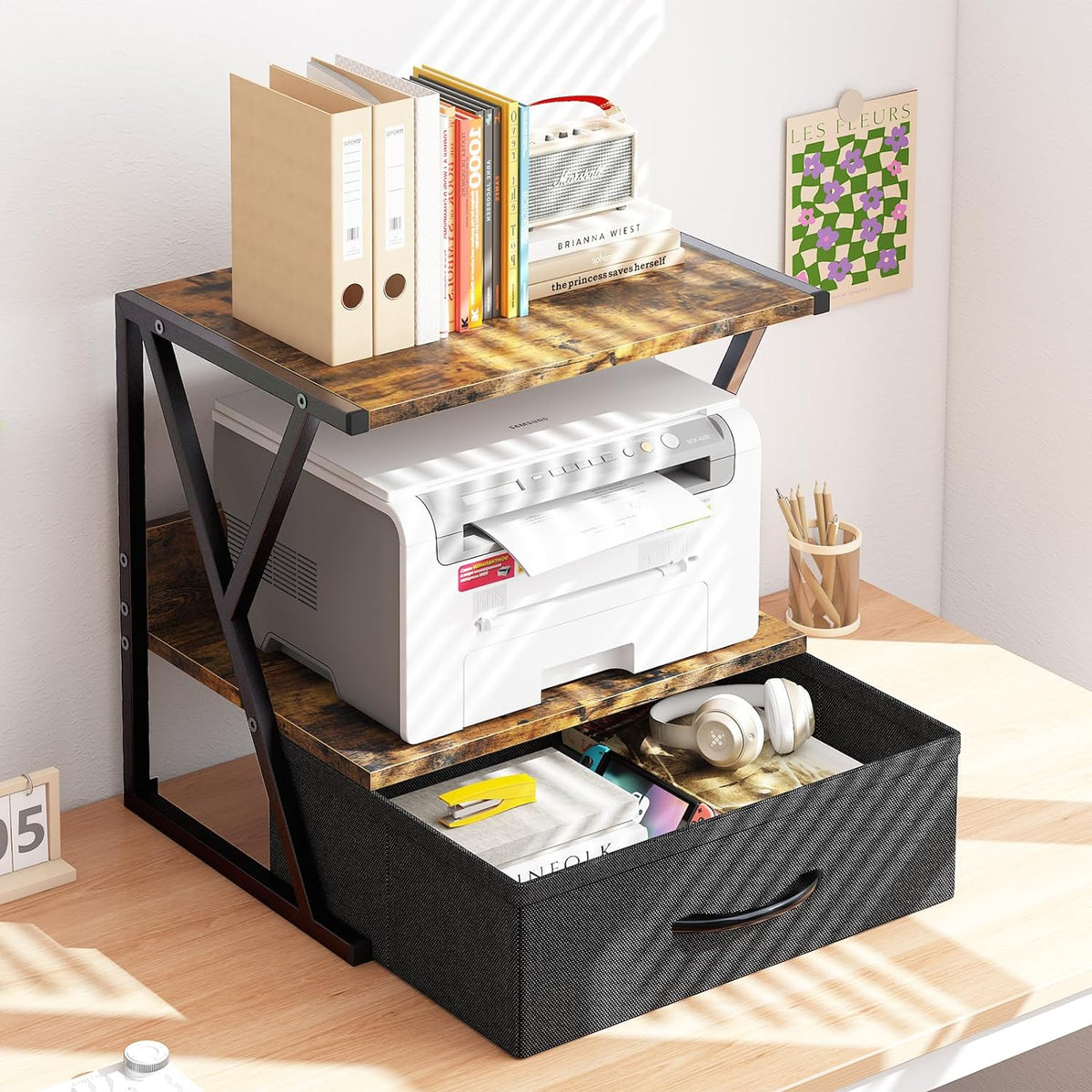 aboxoo Printer Stand for Desk with Storage Drawer, 2 Tier Desktop Or UnderDesk Shelf, Multi-Purpose Desk Organizer for Home Office, fit Fax Machine/3D Printer/Scanner, Rustic Brown