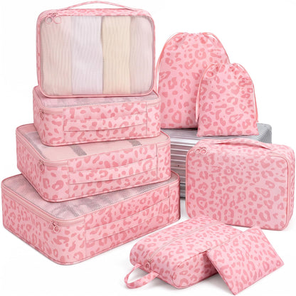 9 Set Packing Cubes for Travel Essentials - Lightweight Carry-On Luggage Organizer Bags with Shoe, Clothes & Laundry Bags for Airplane, Family & Business Travel, Pink leopard print