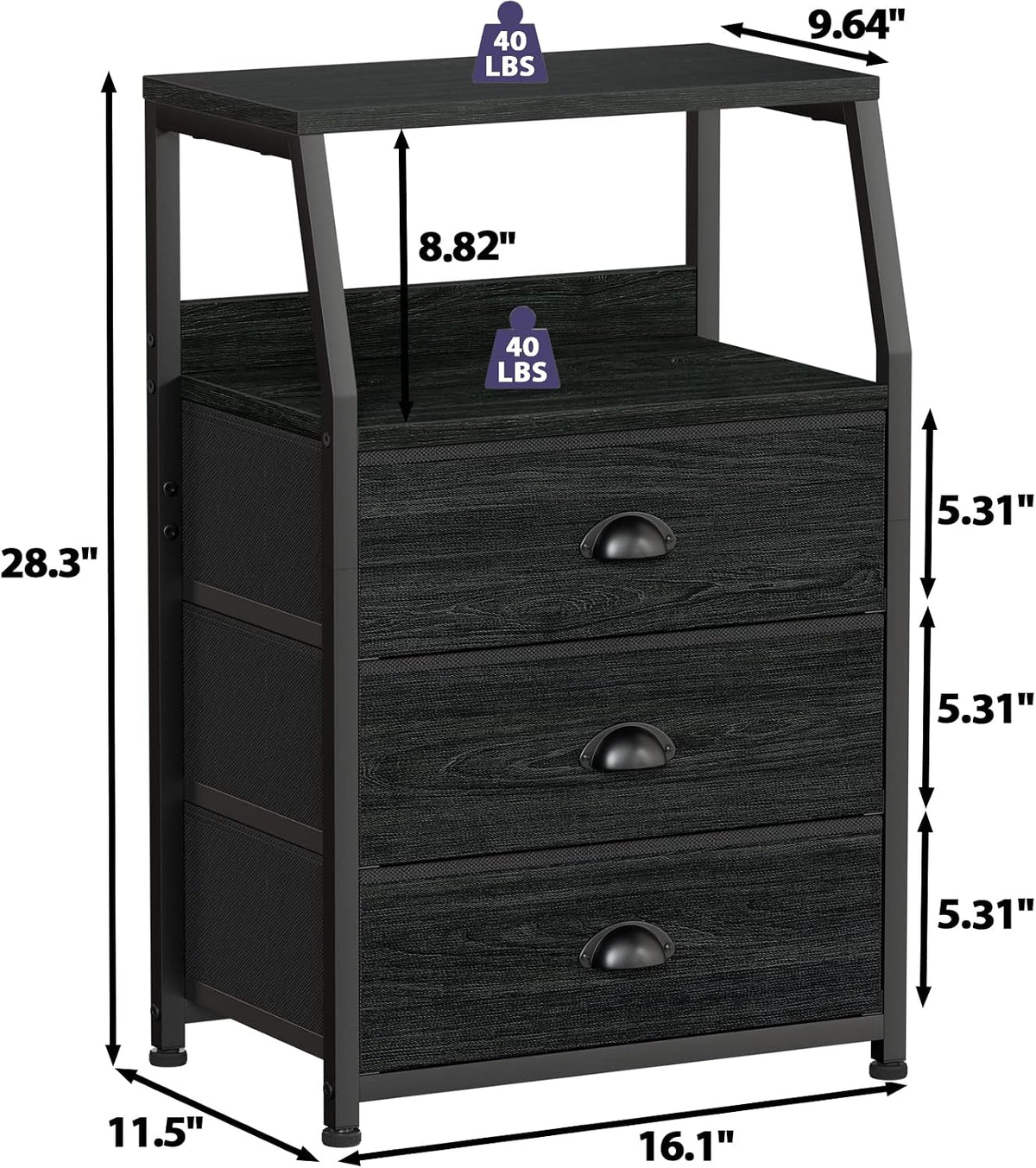 Furnulem Black Night Stand, Small Bedside Table for with 3 Fabric Drawers