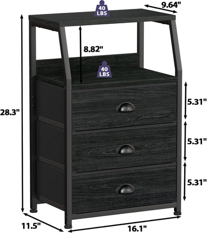 Furnulem Black Night Stand, Small Bedside Table for with 3 Fabric Drawers
