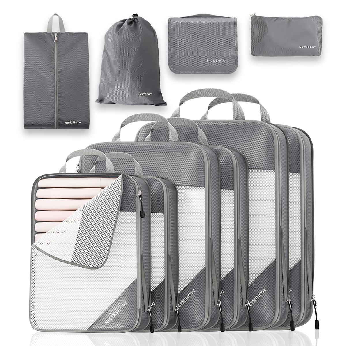 NICOSHOW 6 Set Compression Packing Cubes for Travel - Compressible, Lightweight, and Space-Saving Packing Cubes, Travel Essentials for Women, Grey