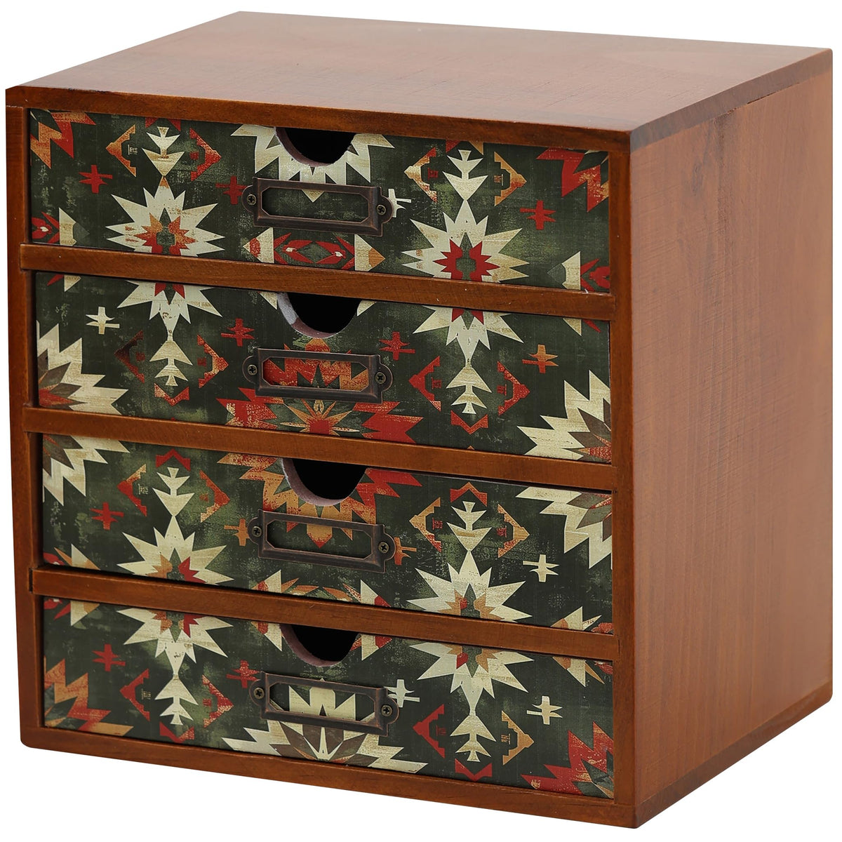 Mid-Century Modern Geometric Pattern Desk Organizer - Earth Tone Desktop Storage with 4-Drawer - Retro Modern Wood Cabinet for Office Supplies, Craft Tools, & Home Organization - MCM Drawer Unit