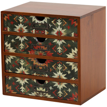 Mid-Century Modern Geometric Pattern Desk Organizer - Earth Tone Desktop Storage with 4-Drawer - Retro Modern Wood Cabinet for Office Supplies, Craft Tools, & Home Organization - MCM Drawer Unit