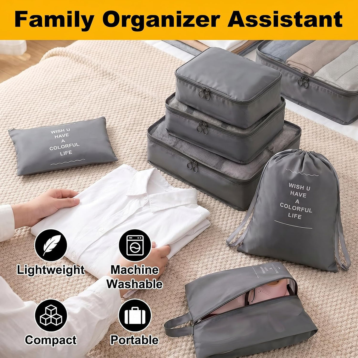 28 Pcs Luggage Clothes Organizer Bags, 4 Sets Travel Luggage Packing Organizers Packing Cubes for Travel, Foldable Suitcase Organizers for Family Vacation (Beige, Black, Gray, Navy Blue)
