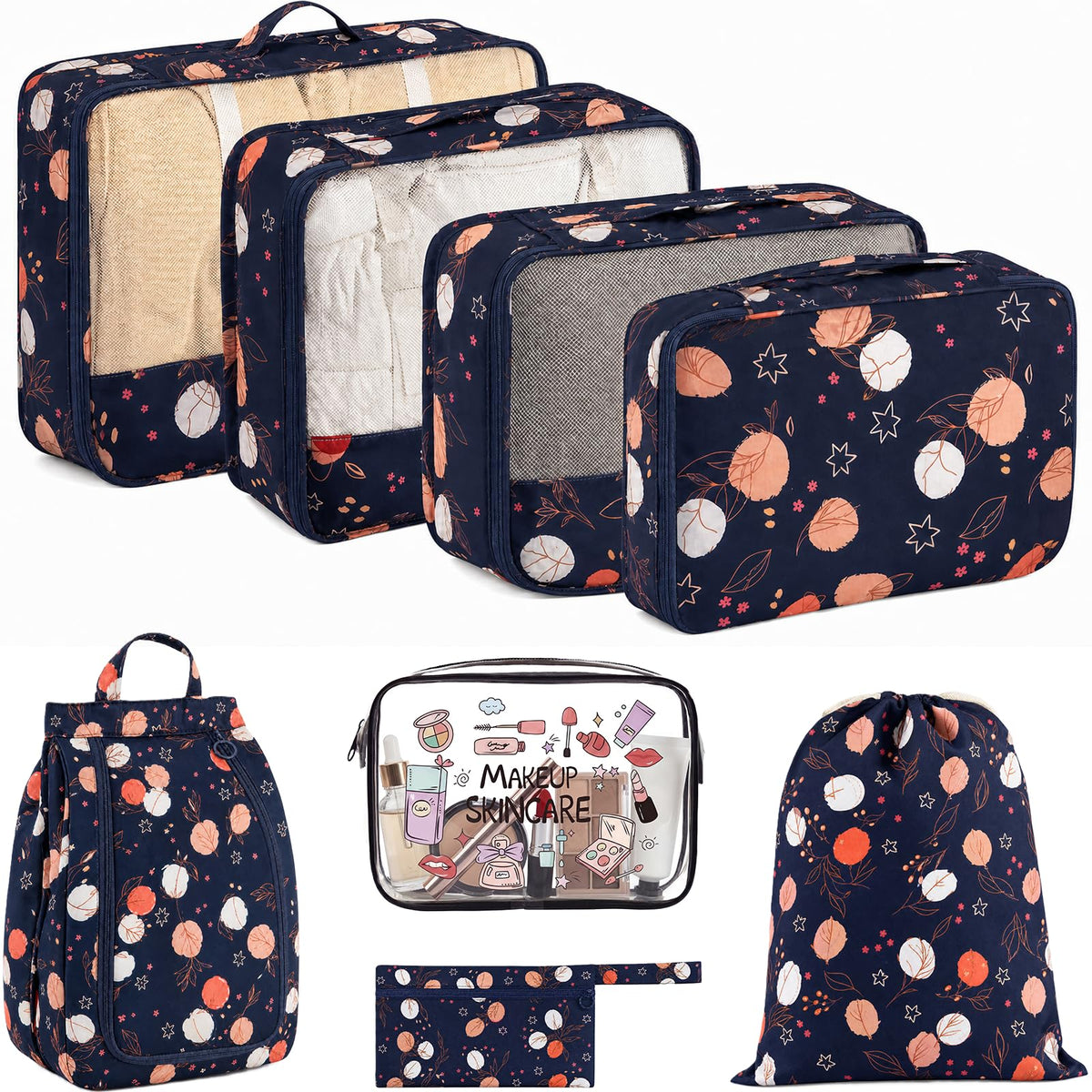 8 Set Packing Cubes for Travel with Clear Toiletry Bag, Durable Luggage Packing Organizers, Carry-On Accessories, TSA Approved See-Through Cubes, Space-Saving Storage Bags, Gifts for Women