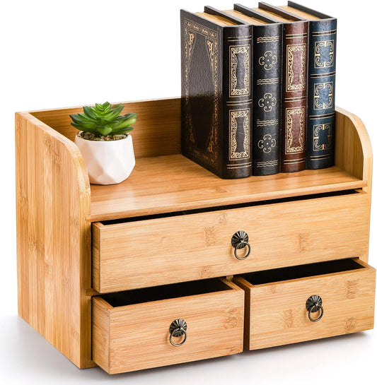 Nicunom Bamboo Desk Organizer, 3-Tier Bamboo Tabletop Storage Organization Multifunctional Desktop Organizer with Drawers for Home Office Toiletries Supplies Vanity