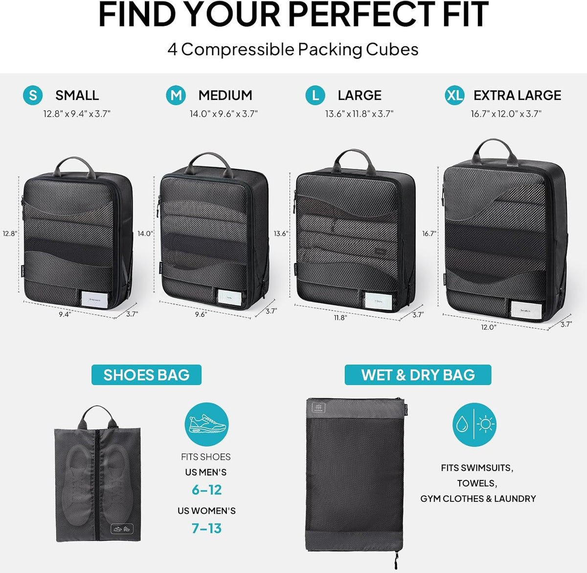 TOPEAST Compression Packing Cubes 4 Set Suitcase Organizer Bags for Travel