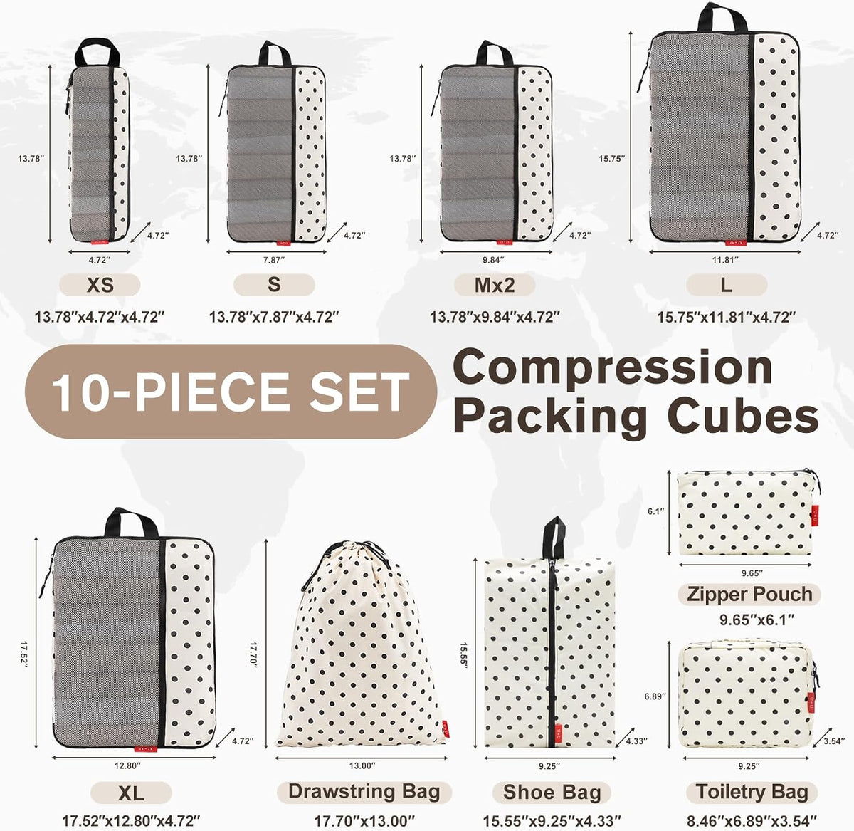 U+U 10 Set Compression Packing Cubes, Travel Organizers (Polka Dot)