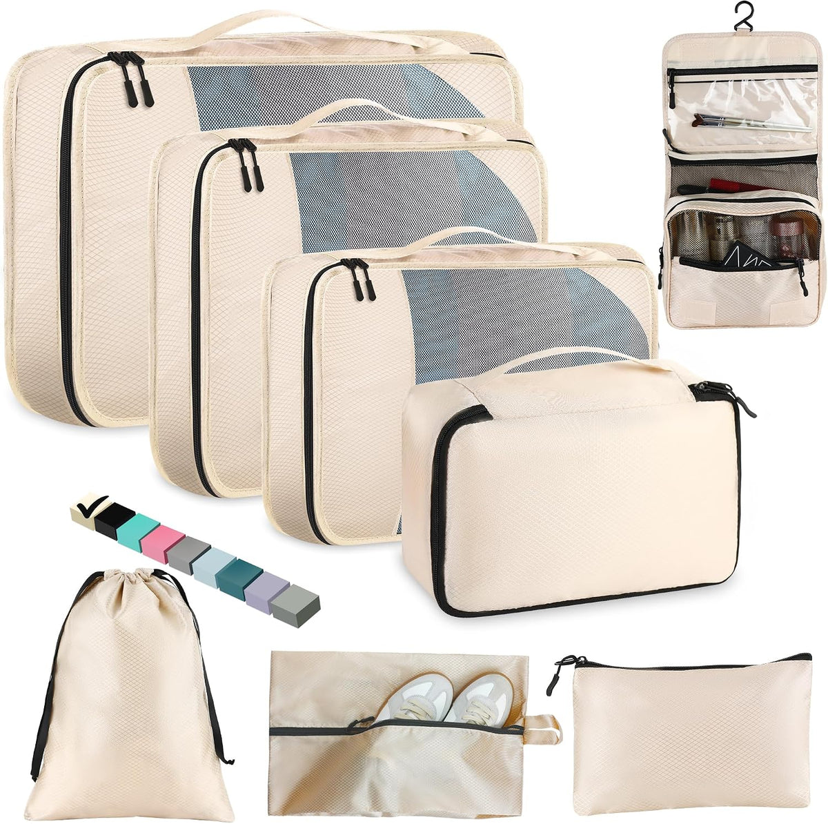 Toncoke 8-Piece Packing Cubes for Travel, 2026 Upgraded Durable Zippers & Reinforced Mesh, Complete Luggage Organizer Set with Shoe/Toiletry/Laundry Bags, 4 Sizes for Suitcase, Men Women, (Beige)