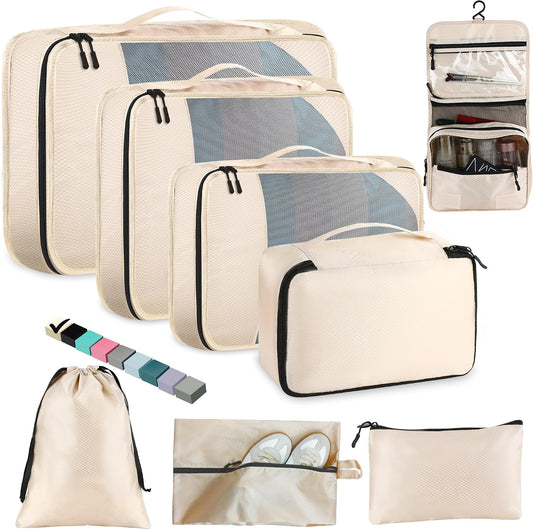 Toncoke 8-Piece Packing Cubes for Travel, 2026 Upgraded Durable Zippers & Reinforced Mesh, Complete Luggage Organizer Set with Shoe/Toiletry/Laundry Bags, 4 Sizes for Suitcase, Men Women, (Beige)