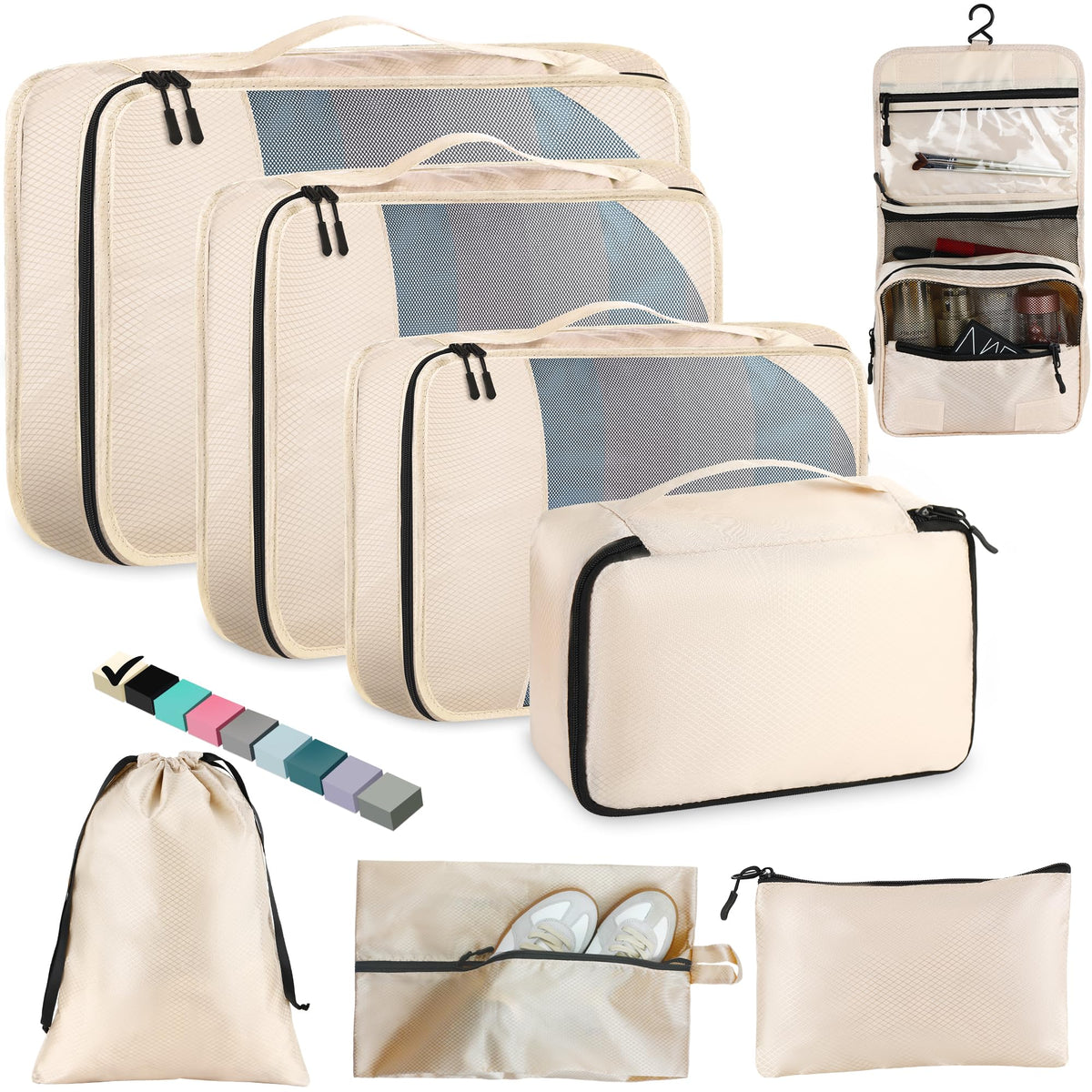 Toncoke 8-Piece Packing Cubes for Travel, 2026 Upgraded Durable Zippers & Reinforced Mesh, Complete Luggage Organizer Set with Shoe/Toiletry/Laundry Bags, 4 Sizes for Suitcase, Men Women, (Beige)