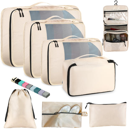 Toncoke 8-Piece Packing Cubes for Travel, 2026 Upgraded Durable Zippers & Reinforced Mesh, Complete Luggage Organizer Set with Shoe/Toiletry/Laundry Bags, 4 Sizes for Suitcase, Men Women, (Beige)