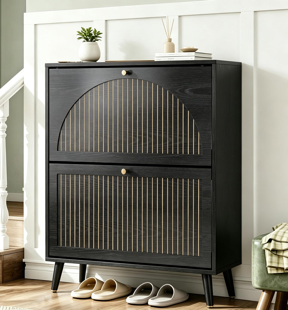 Fsbecl Shoe Storage Cabinet for Entryway with 2 Flip Drawers, Navy Blue