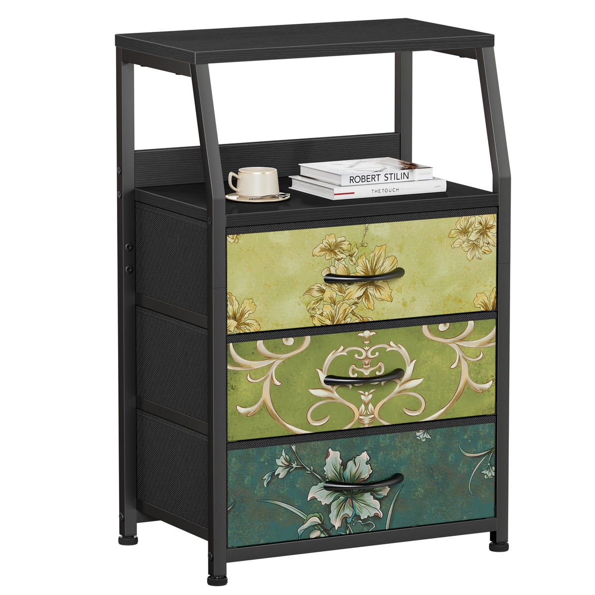 Furnulem Black Night Stand, Small Bedside Table for with 3 Fabric Drawers
