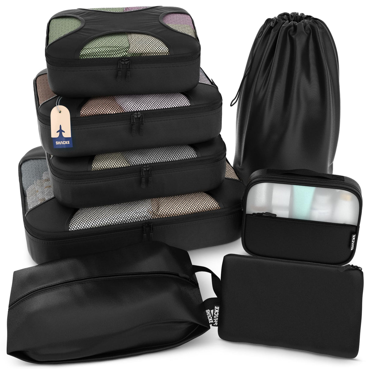 Shacke 5 Set Packing Cubes for Travel with Laundry Bag (Pure Black)