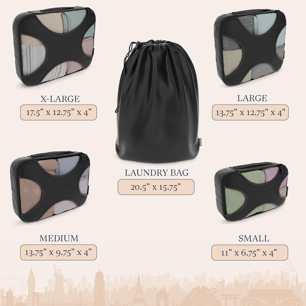 Shacke 5 Set Packing Cubes for Travel with Laundry Bag (Pure Black)