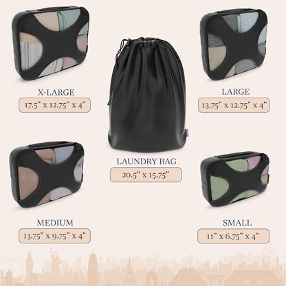 Shacke 5 Set Packing Cubes for Travel with Laundry Bag (Pure Black)