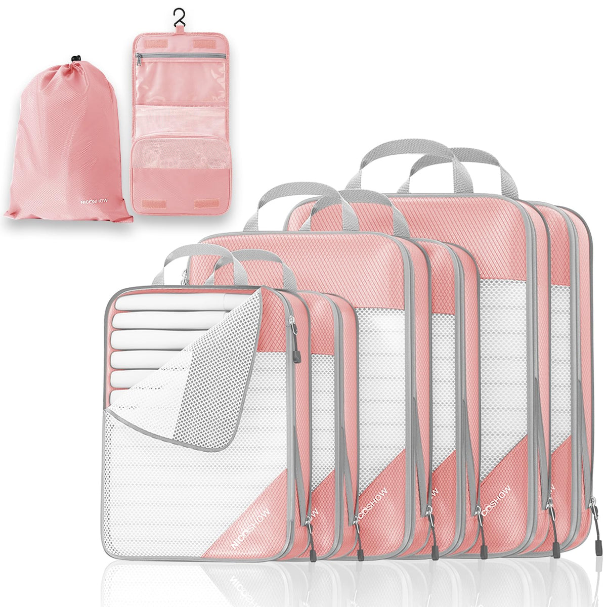 NICOSHOW 6 Set Compression Packing Cubes for Travel - Compressible, Lightweight, and Space-Saving Packing Cubes, Travel Essentials for Women, Grey