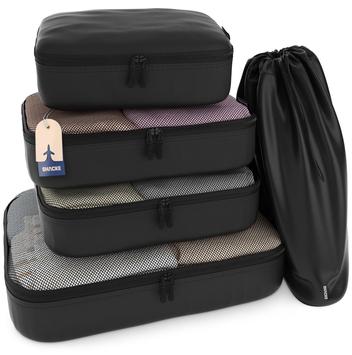 Shacke 5 Set Packing Cubes for Travel with Laundry Bag (Pure Black)