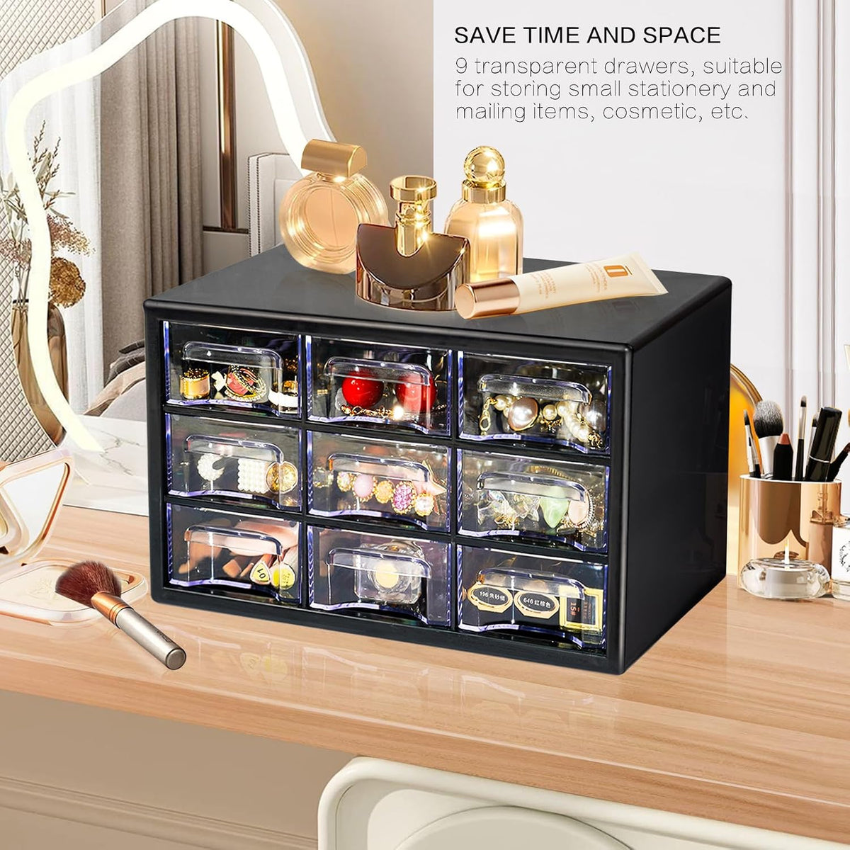 Stackable Desk Organizer with 9 Drawers, Clear Storage Box, Black